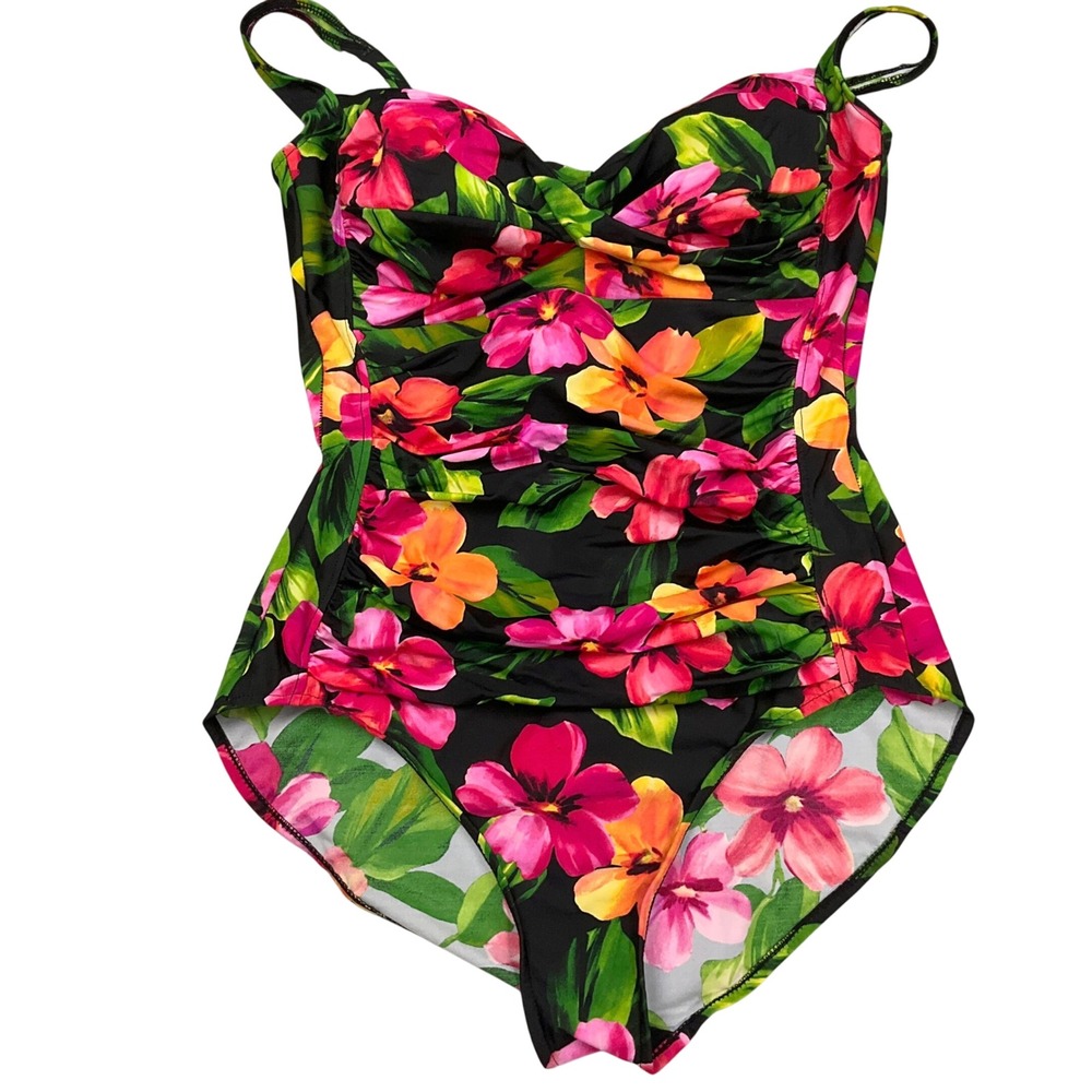 Miraclesuit Swimsuit Womens 18 Black Pink Floral Mirashaper Ruched Tummy Control